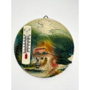 Vintage Hand-Painted Wall Thermometer With Rustic Cabin Design & Scenic Forest B